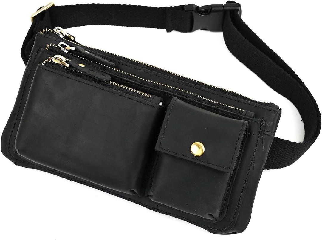 Water Resistant Canvas + Leather Hiking Riding Travel Fanny Waist Pack Small Phone Pouch For Men Women FB811-29 (100% Leather-Thick Black)