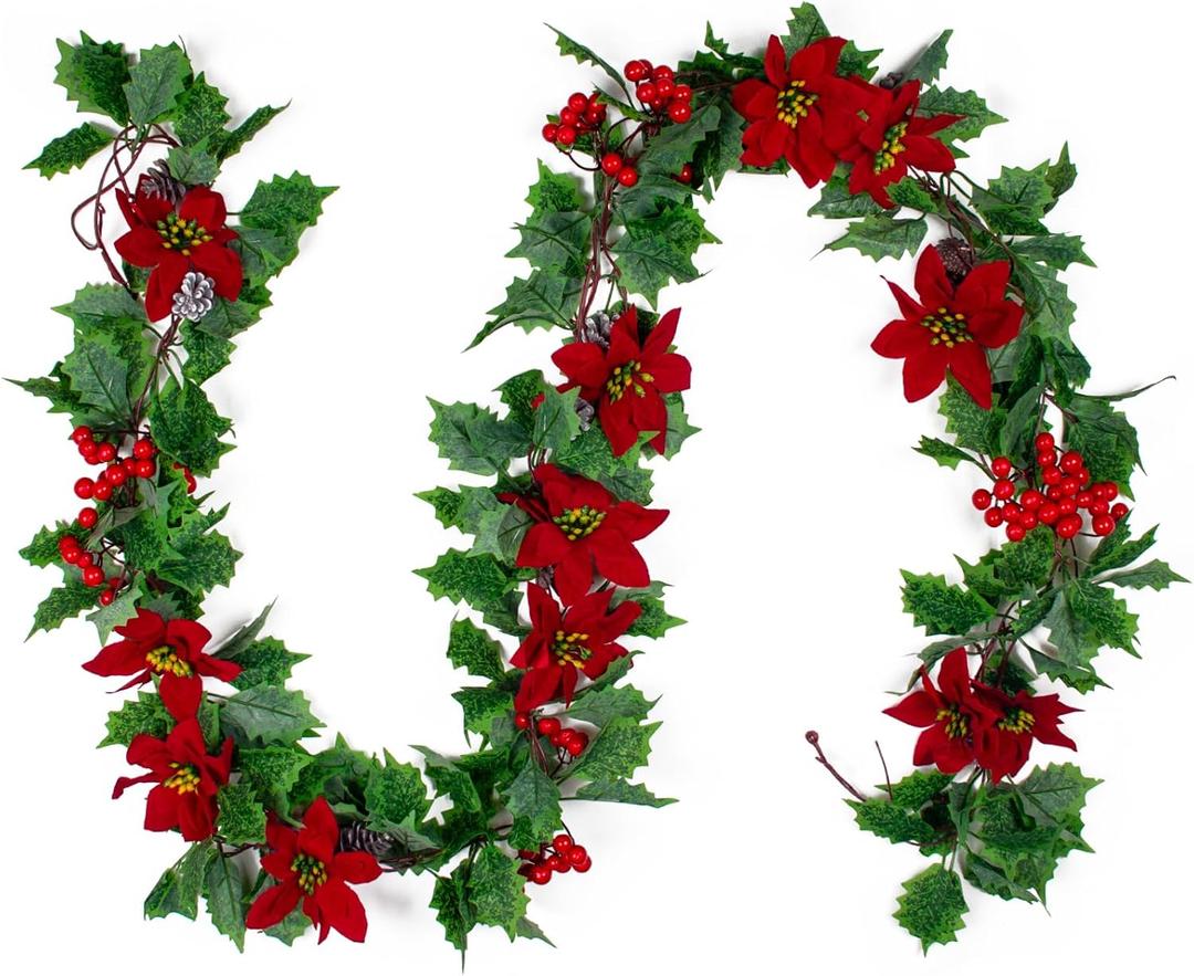LEGOTA 3Pcs 8.53Ft Green Holly Red Berry Garland, Artificial Christmas Garland with Pine Cones and Poinsettia for Indoor Outdoor Home Decor
