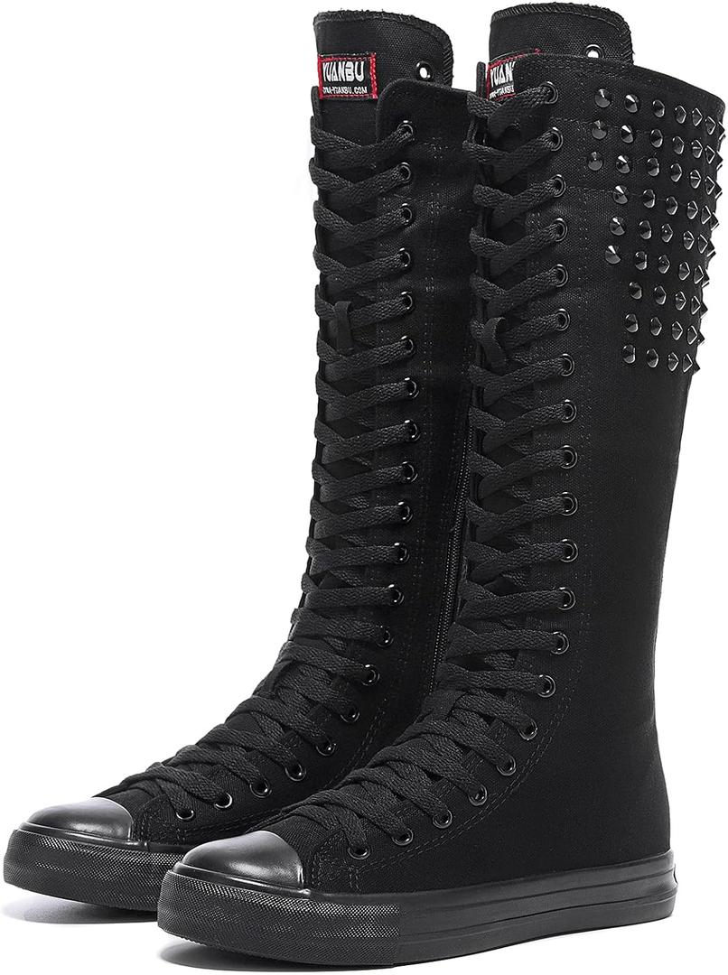 Momuk Long Rivet Knee High Canvas Boots Punk Style for Women & Girls Size 10