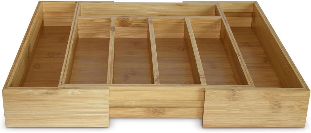 Bamboo Expandable Silverware Drawer Organizer with 5-7 Compartments. Kitchen Cutlery Holder Storage Tray with Dividers for Utensils, Flatware, Office Supplies, Forks, Spoons, Jewelry