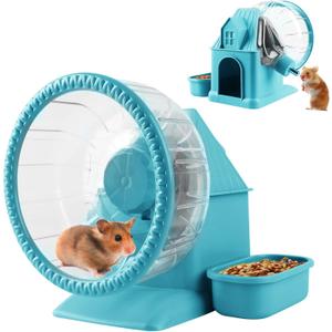 4 in 1 Silent Large Hamster Wheel Multifunctional Hamster Running Wheel Quite Running Spinner Wheel Accessories with Food Bowl Water Bottle for Hamsters Dwarf Gerbil (Blue)