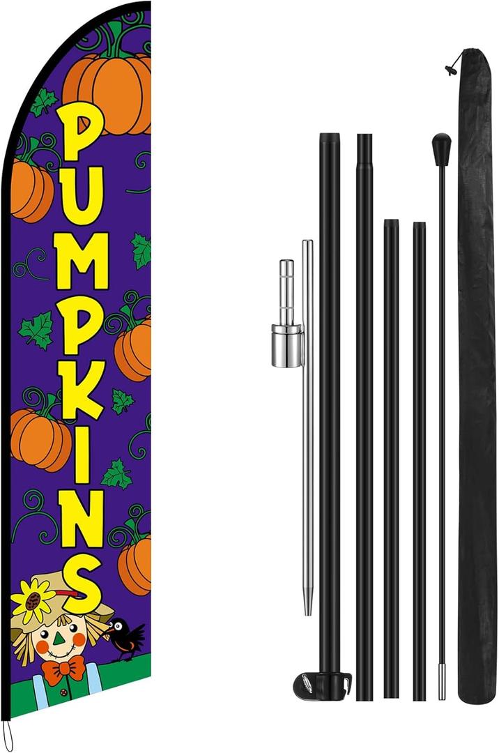 15 ft Halloween Pumpkins Feather Flag Kit Include Flag, Pole and Ground Mt Outdoor Fall Feather Decorations for Fall Pumpkins Business Halloween Thanksgiving Day Festivals Farms Events