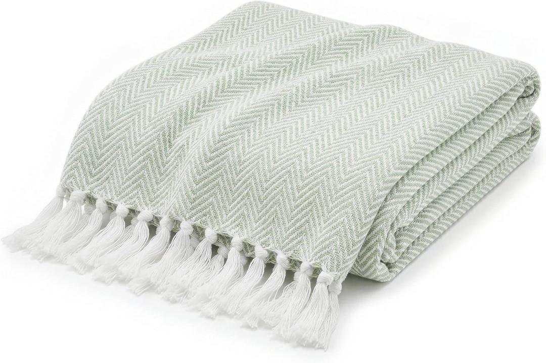 Americanflat 50x60 Throw Blanket - Soft and Breathable Cotton Throw Blanket for Couch, Bed, Chair - Decorative Blankets Perfect for Home or Outdoor Use - Light Green and White Herringbone Design