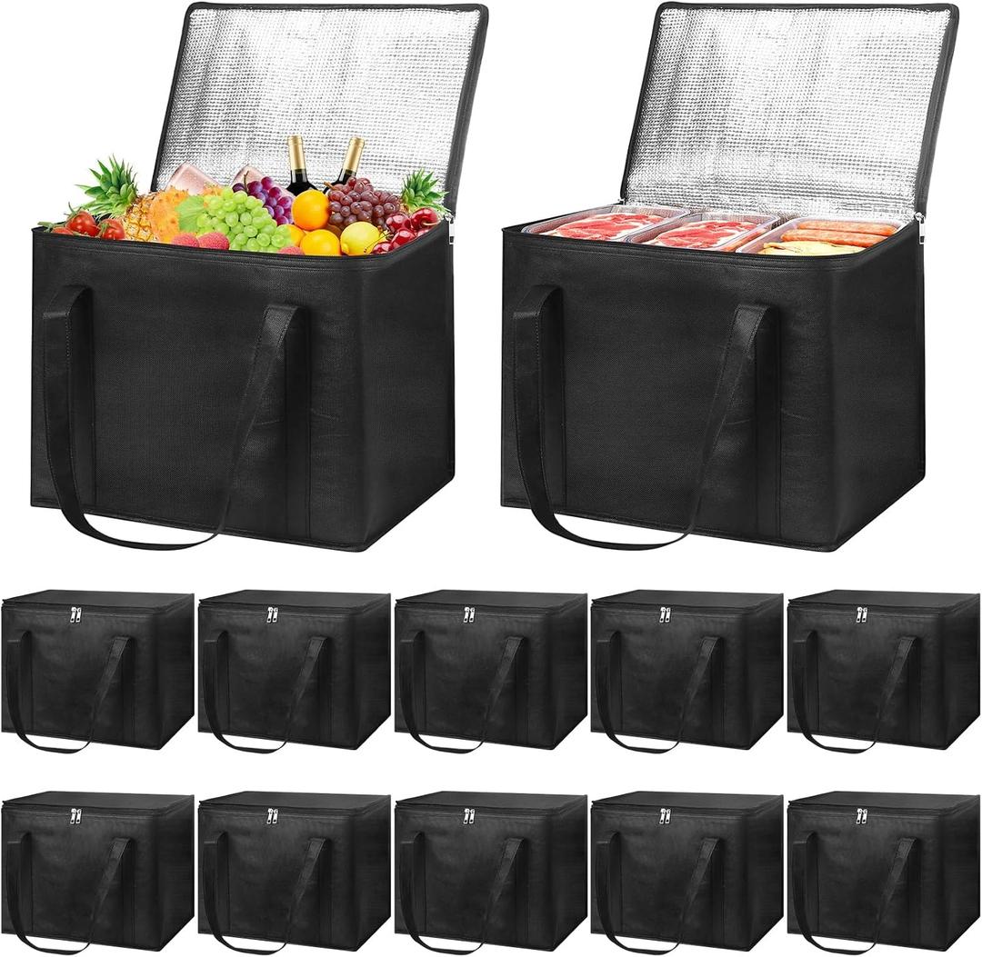 VZZNN Set of 10 XL-Large Insulated Reusable Grocery Bags with Zipper and Handles, Foldable Washable Heavy Duty Cooler Totes for Hot or Cold Food Delivery, Groceries, Catering, Travel, and Shopping, 16.1 x 10.2 x 13 inches