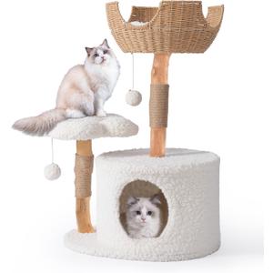 Modern Cat Tree, Aesthetic Wood Cat Tree Tower for Large Cats, Luxury Cat Condo with Scratching Posts and Flower Platforms, Cat Furniture by Easyego, (Standard, Warm White)