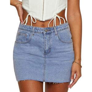 KDF Women's Denim Skirt with Shorts Trendy Denim Skort Jean Skirt with Raw Hem & Pocket (Blue)