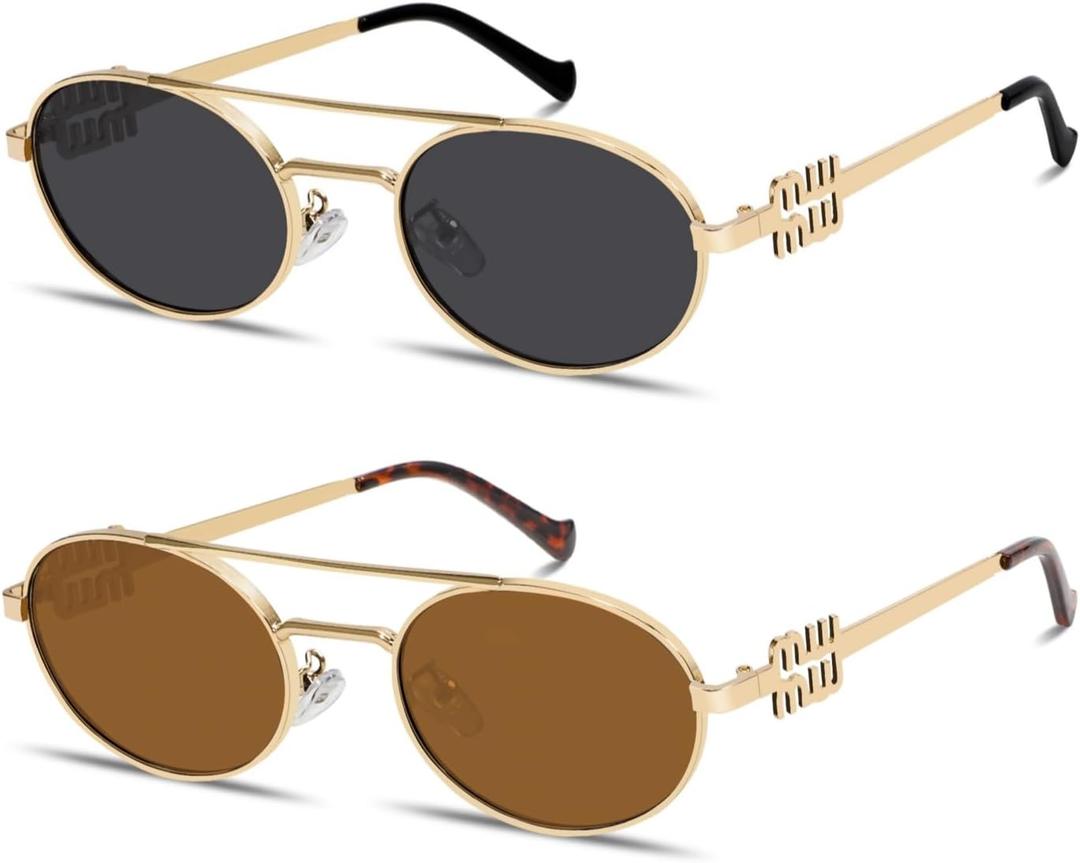 Retro Oval 90s Metal Sunglasses for Women, 2025 Trendy Chic Narrow Gold Sun Glasses Fashion Sunnies (2 Pack Black + Brown)