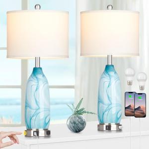 26" Coastal Table Lamps Set of 2, Modern Table Lamps with USB A+C Ports & AC Outlet, Touch Control Glass Bedside Nightstand Lamp with Night Light for Living Room Bedroom End Table Blue(Bulbs Included)