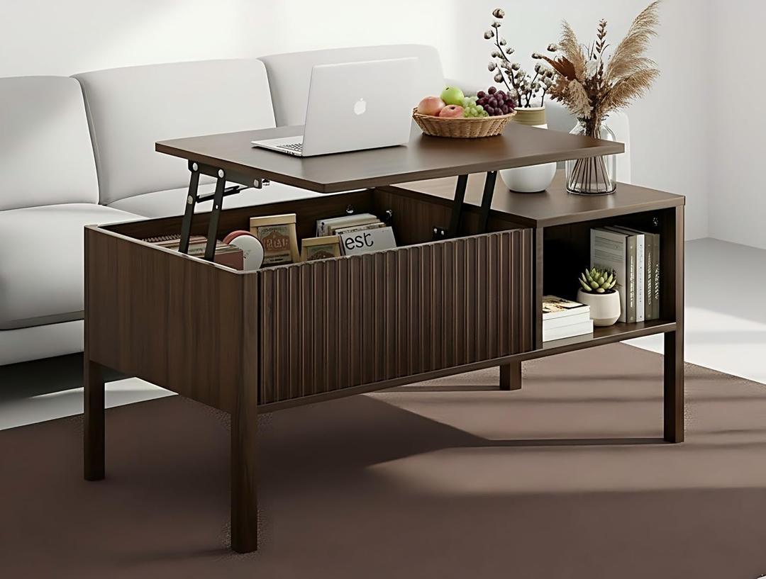 Fluted Lift Top Coffee Table with Hidden & Open Storage, Rectangle Modern Coffee Table for Living Room, Smooth Hydraulic Lift, Large Capacity, Safe Round Corners, Easy to Clean, Vertical Grain-Brown, Standard, 18.9"D x 37.5"W x 22.1"H