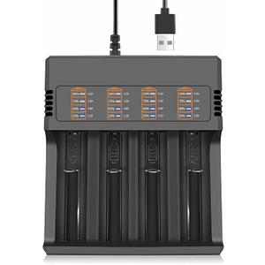 18650 Battery Charger, 4 Bay USB Smart Lithium Battery Charger with Scrolling Display, Compatible with Over 26650/21700/18650/18490/16340/14500/10440 Models, Suitable for 3.7-4.2V Lithium Batteries