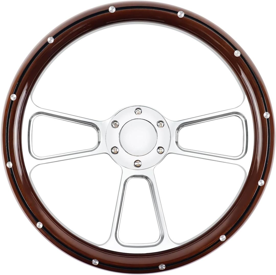 Universal Racing Steering Wheel 14 Inch 6 Bolt Silver Aluminum 3 Spoke Muscle Style Steering Wheel with Horn Button for Racing/Rally/Motor sports Rivet (Brown)
