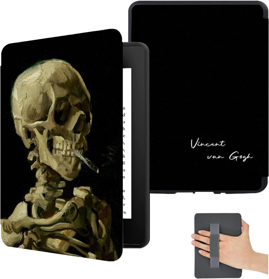 Cover for All New 6 Inch Kindle 2024 and 2022 (11th Generation) Cute Slim Lightweight Case - with Hand Strap - PU Leather with Cool Stylish Halloween Pattern - Van Gogh Head of a Skull
