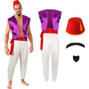 Zhanmai Men's Arabian Prince Costume Set Purple Vest Harem Pants Red Fez Felt Hat Sash Beard for Cosplay Party(XX-Large)