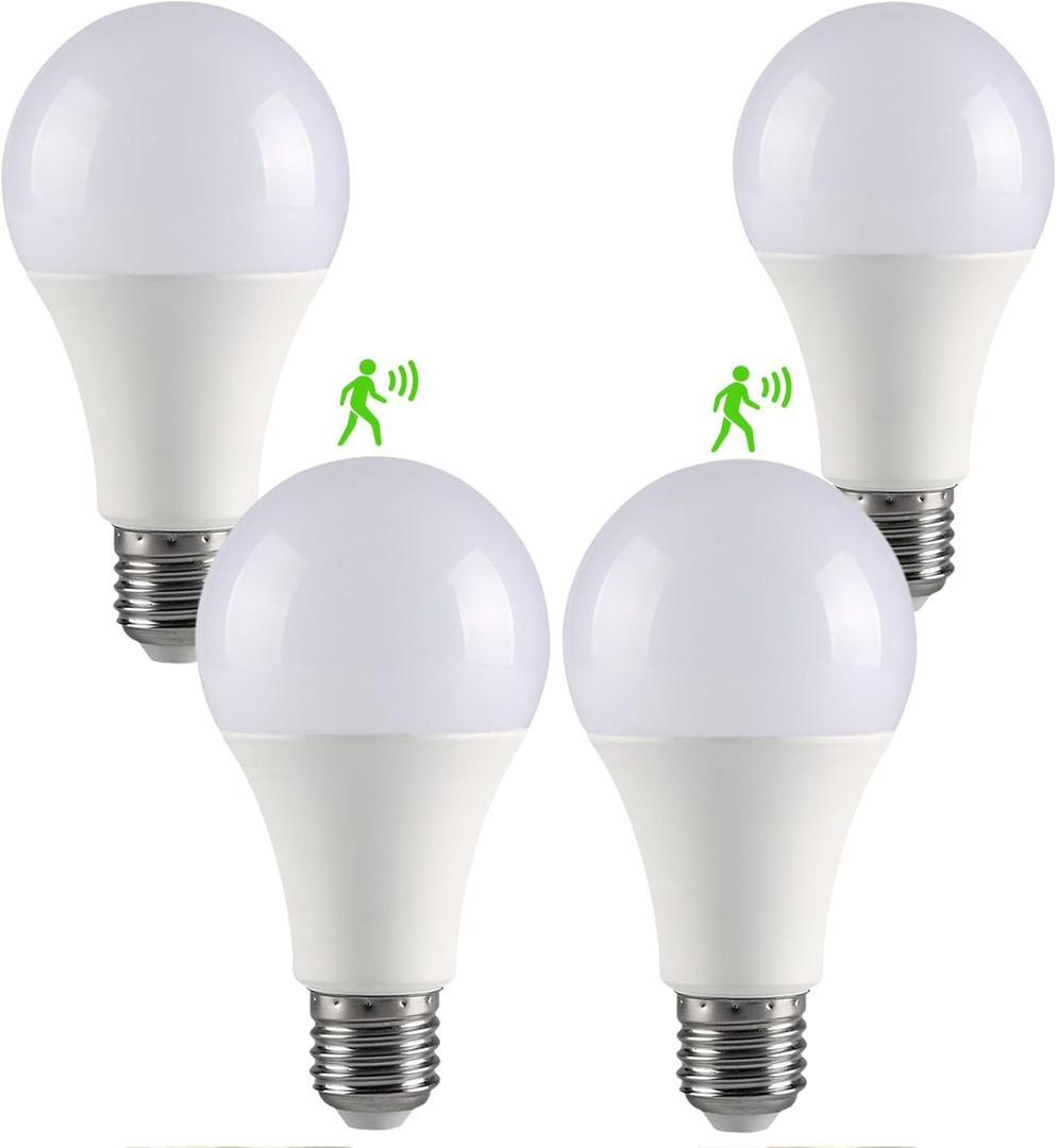 4 Pack Motion Sensor Light Bulbs,12W (100W Equivalent), Motion Activated Dusk to Dawn A19 E26 LED Bulb, Glass-Penetrating Sensor, Upward/Downward Mounting, Indoor & Outdoor for Garage, Porch, Hallway