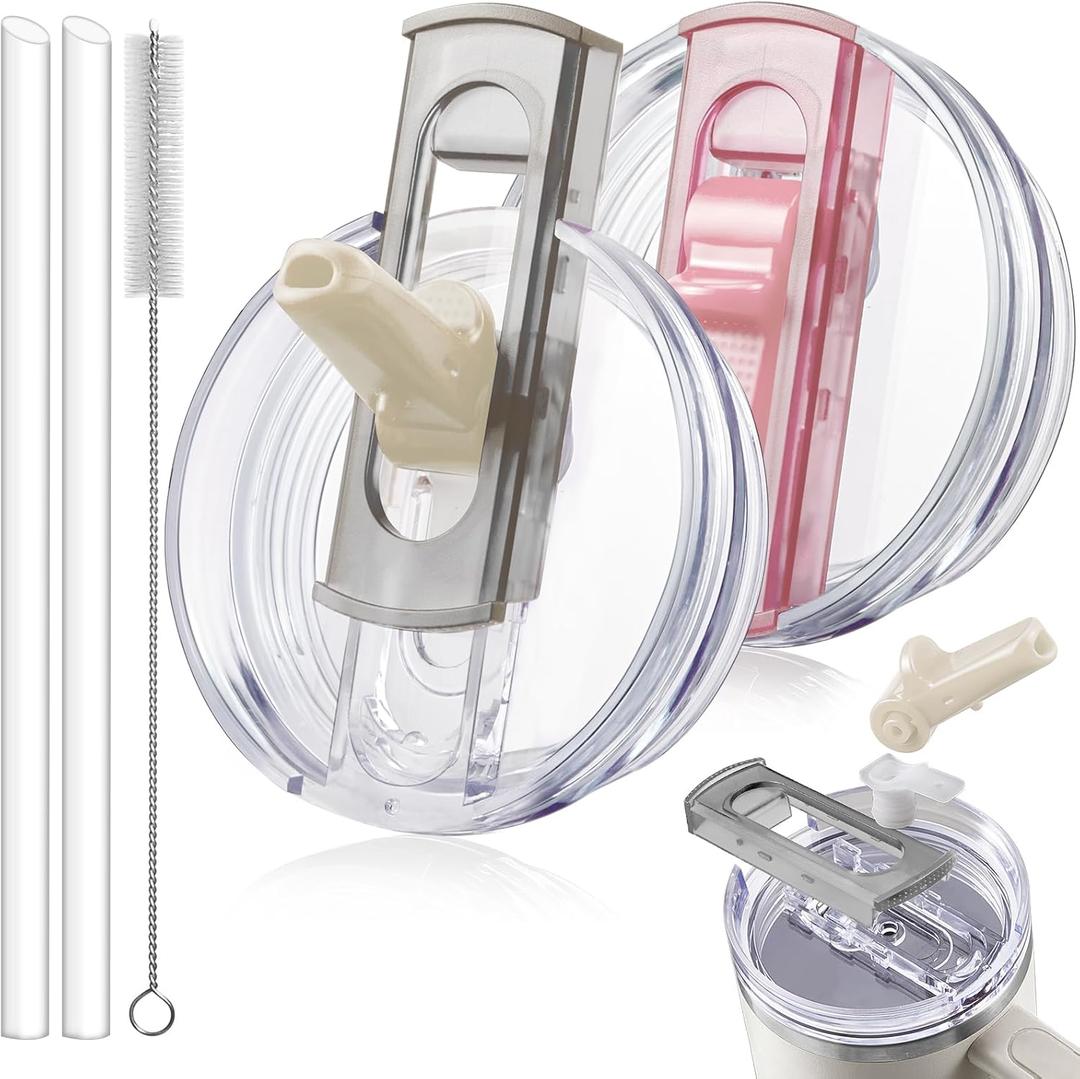 2 Pack Detachable Flip Straw Lid Replacement for 40 oz Stanley Quencher H2.0 & ProTour, Leakproof Spill Proof Lids Straw Cover for Stanley Cup Accessories 40oz, Easy to Clean (Cream, Pink)