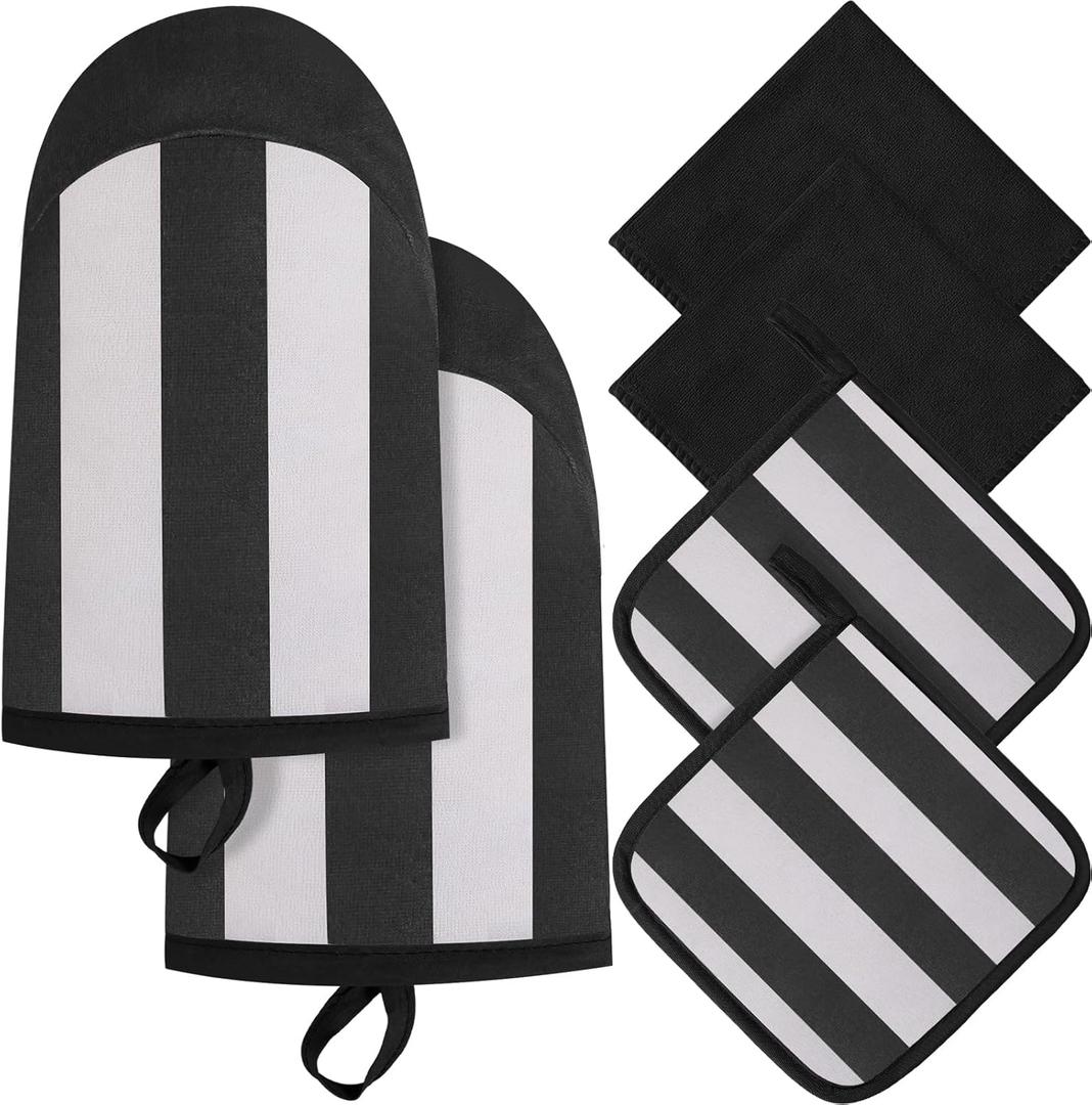 6 Pcs Oven Mitts and Pot Holders Sets with Towels, Stripe Kitchen Oven Glove High Heat Resistant 500 F Mitt Set Cotton Terry Outdoor Indoor Garden Baking Cooking BBQ Gift (Black)