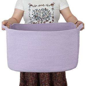 Large Rectangle Blankets Basket Living Room 22"x17"x12" Woven Cotton Rope Storage Baskets for Nursery Toy Basket for Kids Wicker Laundry Baskets Bin for Clothes Towels purple or Lavendor