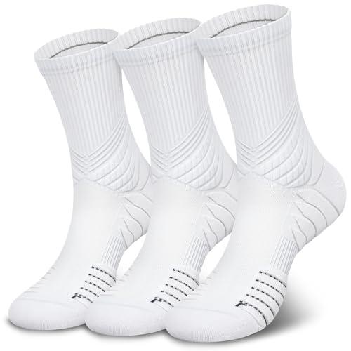 Hylaea Compression Running Socks for Men, Coolmax Anti-Blister Cushion Crew Socks for Athletic Basketball Tennis, Moisture Wicking & Seamless, Elite White Large