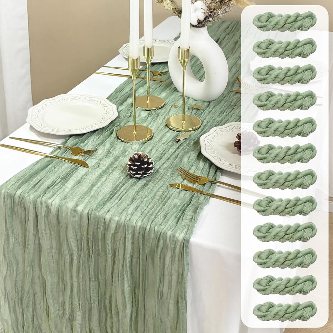 FEXIA 12 Pack Sage Green Table Runner 35x120 Inches for Baby Shower Decoration Gauze Rustic Boho Table Runner for Wedding Party First Communion Centerpiece Engagement Bridal Shower Boho Decoration