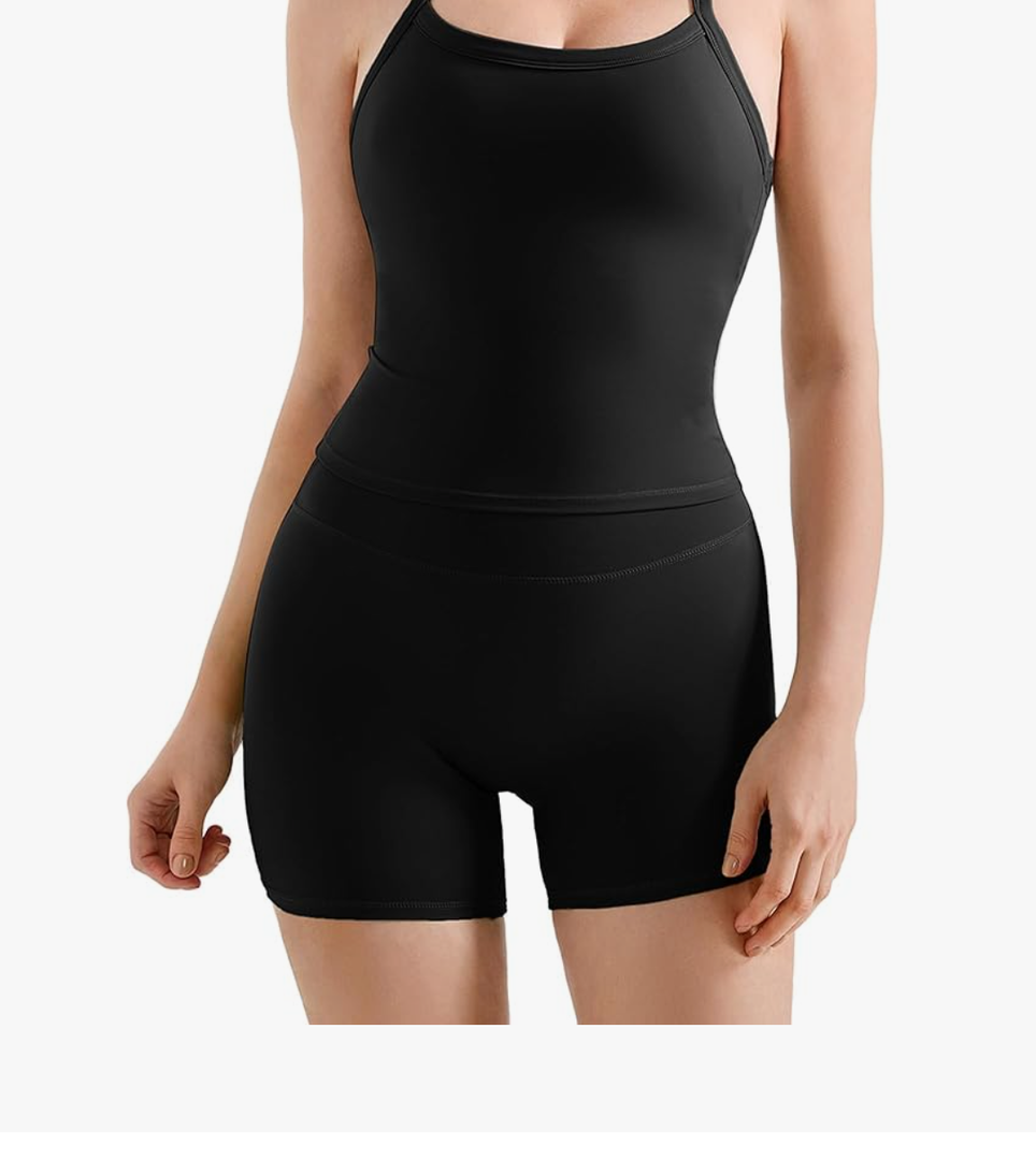 Women 2 Piece Workout Sets High Waisted Tummy Control Biker Shorts Halter Padded Tank Tops, Size L