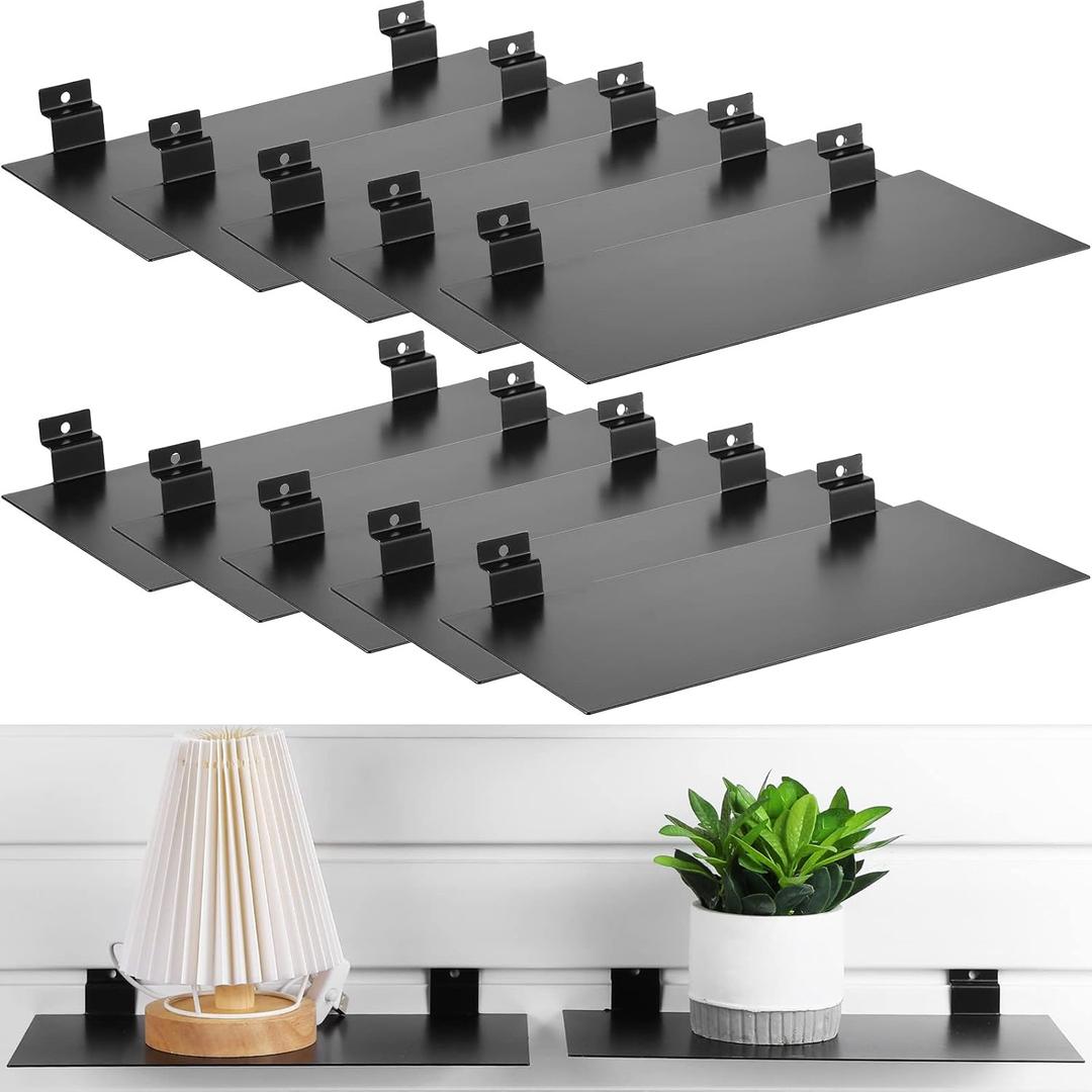 LEIFIDE 10 Pcs Metal Slatwall Shelves, 12 x 6 Inch Hanging Flat Slat Wall Shelf Accessories for Slatgrid Panel, Heavy Duty Slatwall Organizer for Retail Display Vendor Shoes Shop Garage Supplies (Black)