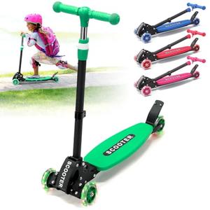 Kick Scooter for Kids Age 3-7 8-12, Light Up 3 Wheeled Scooters,Lean-to-Steer,Three Adjustable Height Scooter for Kids, Foldable,Safe Stable Ride for Girl Boy Kid up to 170 LB - Green