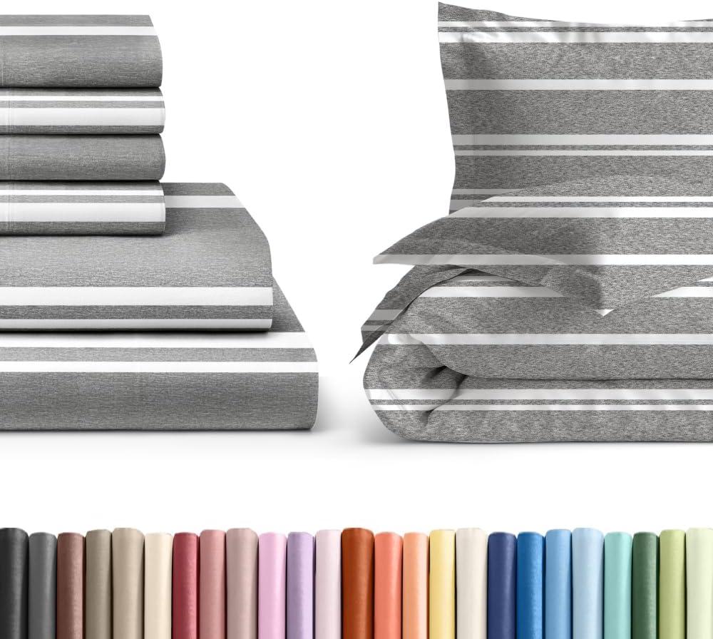 6 Piece Grey Stripes King Bed Sheet Set with Duvet Cover - 8 to 16 inch Deep Pockets - 1 Flat, 1 Fitted Sheet and 4 Pillowcases - Oeko-TEX - Ultra Soft, Cozy and Wrinkle Free - Hotel Luxury Bedding