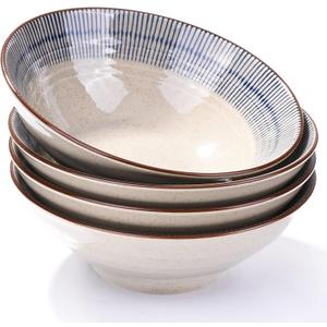 Ceramic Ramen Bowls Set of 4-7.3 Inch Large Soup Bowls for Pho, Udon & Noodle - 25oz Deep Serving Bowls with Blue Stripes & Speckled Texture, Microwave & Dishwasher Safe