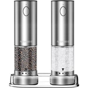 Electric Salt and Pepper Grinder Set - Valentines Day Kitchen Gifts for Him, Rechargeable with LED Lights, Stainless Steel Automatic Mill, Adjustable Coarseness, Large Capacity, Silver