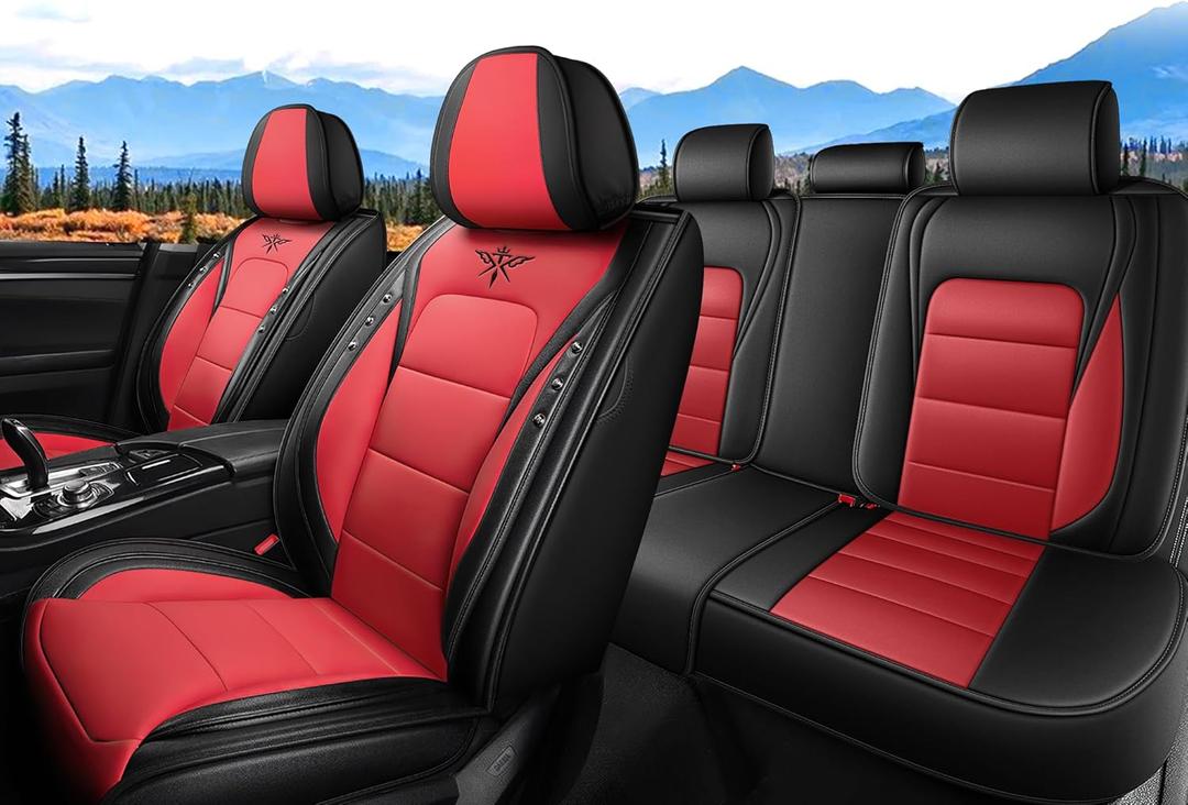 Seat Covers Custom Fit for Dodge Challenger 2009-2025, Standed Full Set Leather Seat Covers Cushion, Waterproof Car Seat Cover Full Set, Automobile Interior, (Black/Red)