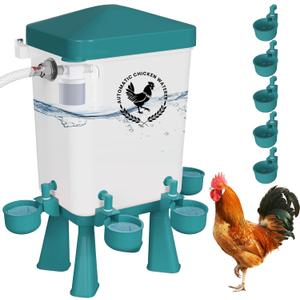 Chicken Waterer, 3 Gallons Automatic Chicken Waterers with 5ft Pipe, Float Controlled Automatic Poultry Water Feeder, 5 Chicken Waterer Cups (Blue, 3 Gallons)