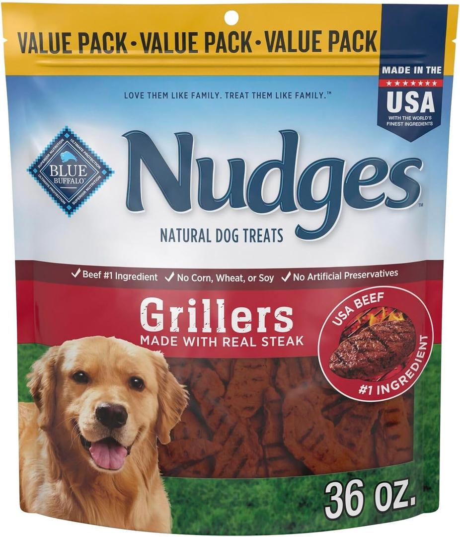 Blue Buffalo Nudges Grillers Natural Dog Treats with Real USA Beef, Made in the USA, Steak, 36-oz Bag, Best By: 29/Aug/2027