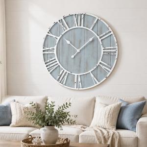 Quelay 30 Inch Large Coastal Wall Clock, Blue Farmhouse Clock