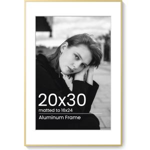 20x30 Poster Frame Gold, Aluminum Metal 20 x 30 Frame with Removable Mat, 20 by 30 Gold Picture Frame Matted to 16x24 Photo, Real Tempered Glass for Home and Office Gallery Wall, 1 Pack
