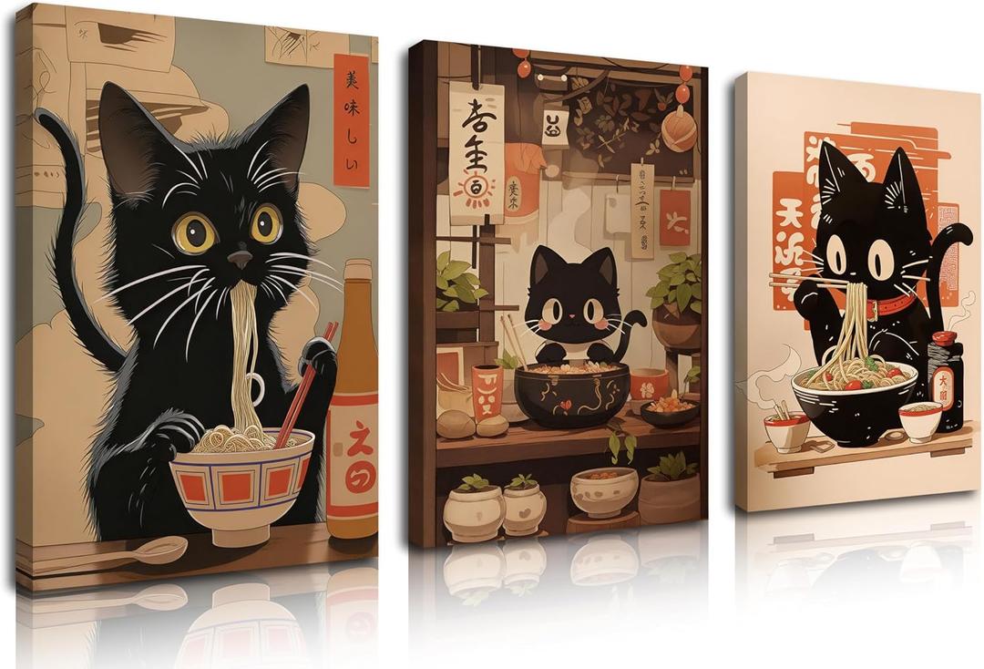 Framed Funny Black Cat Canvas Wall Art Set of 3, Vintage Japanese Cat Eating Ramen Wall Decor, Cute Animal Poster Prints, Edo Period Paintings Pictures for Living Room Kitchen Dining Room 16x24 inch