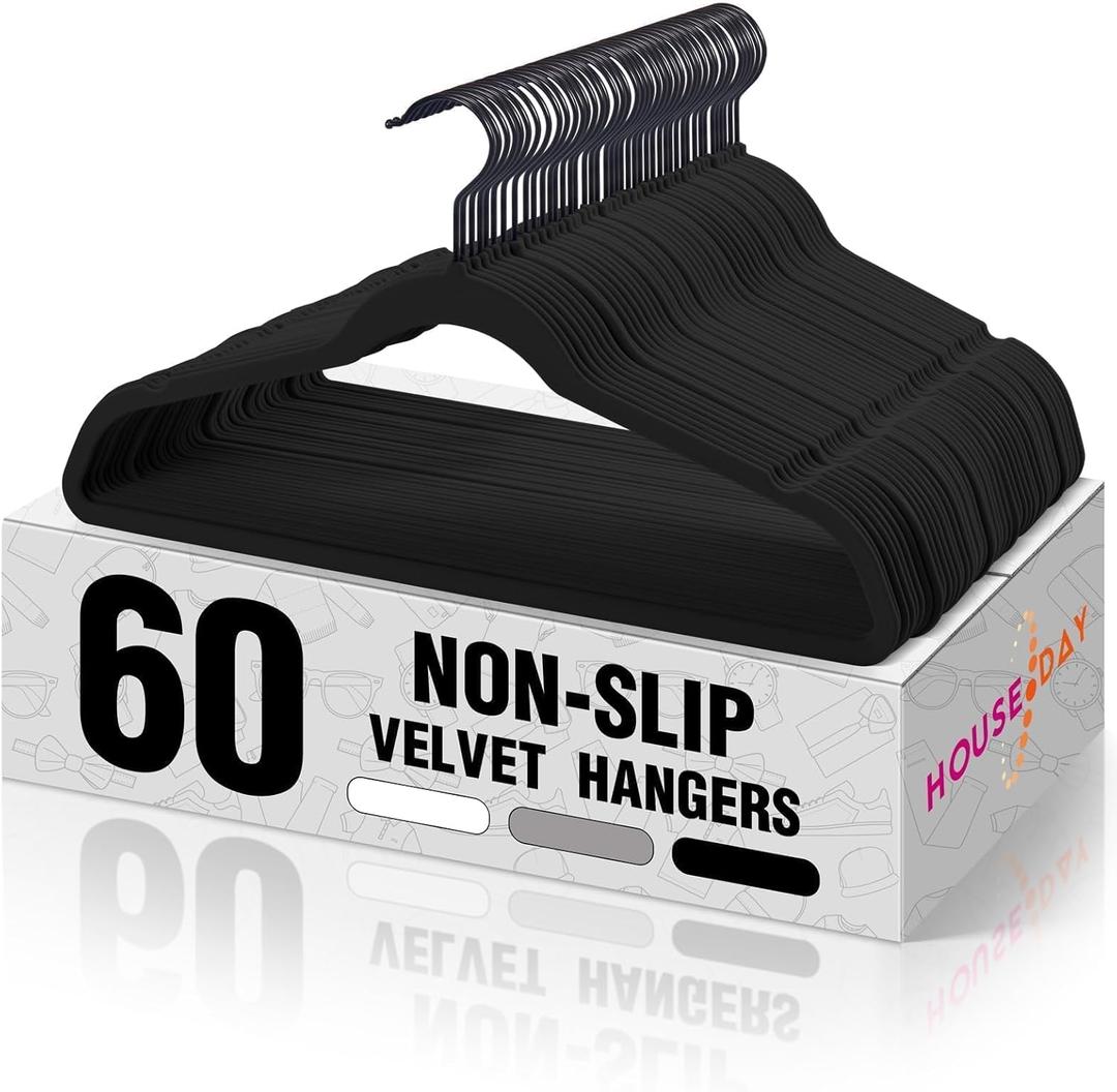 HOUSE DAY Black Velvet Hangers 60 Pack, Non Slip Felt Hanger, Slim Velvet Clothes Hangers for Suits, Shirt, Heavy Duty Coat Hanger for Closet