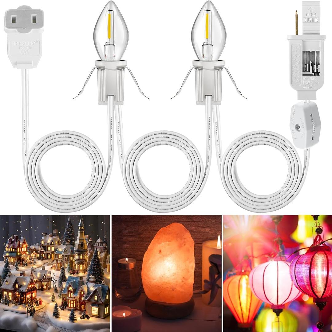 Meonum 1 Pack Accessory Cord with Two LED Bulbs, Blow Mold Christmas Village Light with Outlet and Plug, Double Spare Fuse C7 Light Bulb Christmas Village Accessories White Indoor LED String