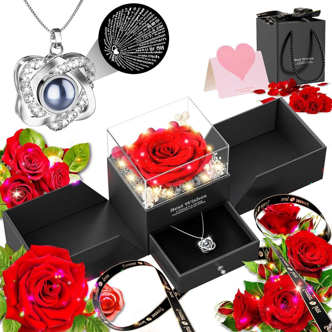 Preserved Red Rose Necklace with I Love You Heart - Forever Flowers Romantic Gifts for Women Mom Wife Girlfriend Grandma, Perfect for Valentine's Day Mother's Day Christmas Anniversary Birthday, Medium