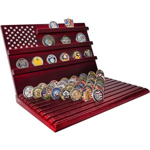 Challenge Coin Display Stand, 13-Row Solid Wood Military Coin Holder with Sloped Base, Holds 80-110 Coins, Coin Holders for Collectors (Burgundy)