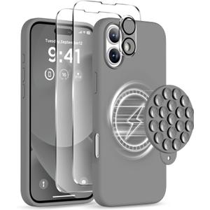 Magnetic for iPhone 16 Case, Compatible with Magsafe, Suction Cup Phone Mount, [2 Screen Protectors][Camera Lens Protector] Silicone Shockproof Protective Slim Phone Cover 6.1", Gray