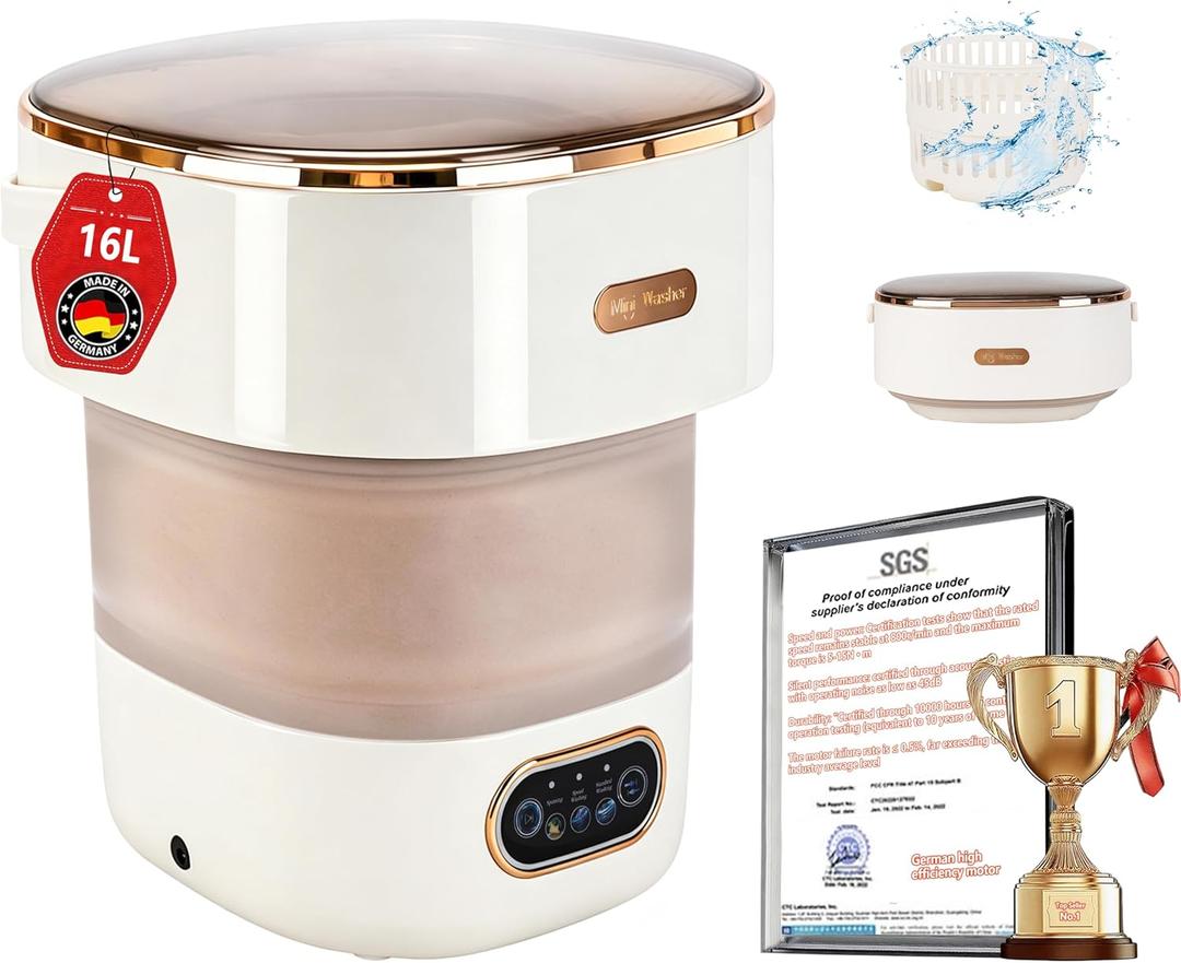 5.0 New Upgraded Portable Washing Machine 16L Mini Foldable Washer [SGS certified German high-efficiency motor] [Hidden UV-C cleaning]Foldable Design Ideal for Hotel, Home, Apartment and Campain