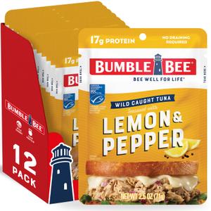 Bumble Bee Lemon & Pepper Seasoned Tuna Pouch - Wild Caught and Ready to Eat for Snack, Salad, Korean Tuna Bowl - 17g Protein per Serving - PERFECT, PORTABLE, GOODNESS - 2.5 oz Packet (Pack of 12), Best By: SEP 2027