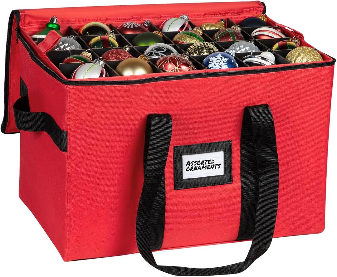 Christmas Ornament Storage Container,Box Stores Up to 96, Adjustable Dividers, Large Organizer Bin to Protect and Store Holiday Dcor (Red)