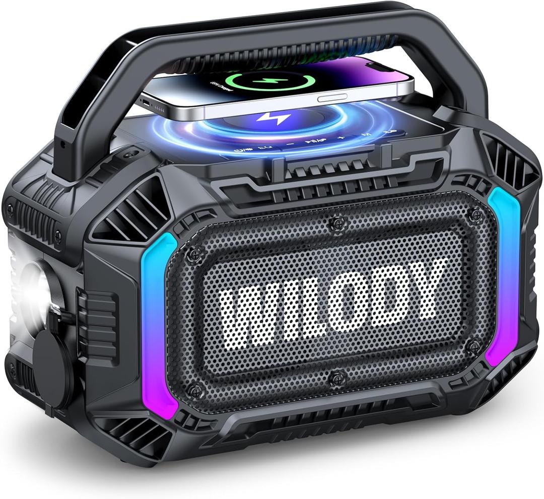 Wilody Speakers Bluetooth Wireless, 100W Loud Outdoor Speaker with Bass, IPX7 Waterproof Floatable, 20H Playtime, Wireless Charge, TWS, RGB Light, Portable Speaker for Work, Garage, Outdoor (Black)