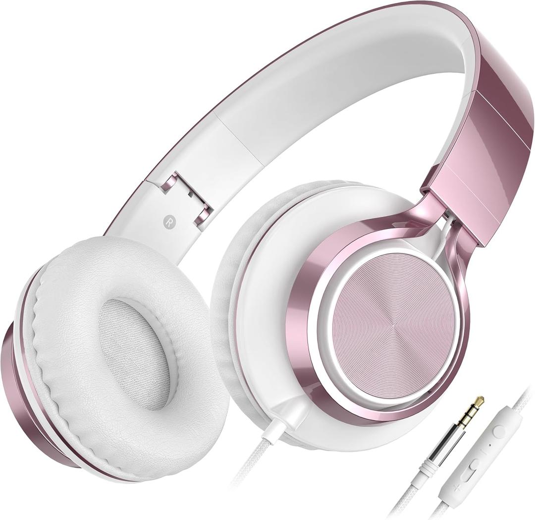 AILIHEN C8 Girls Headphones, On-Ear Headphones Wired with Microphone and Volume Control Foldable Corded Stereo 3.5mm Headset for Girls School Chromebook Laptop Computer PC Tablets Travel (Rose Gold) (Medium)