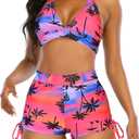 Womens High Waisted Swimsuits with Boy Shorts Brazilian Triangle Top Stripes Halter Bikini Two Piece Bathing Suits (Medium, Red Palm)