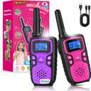 Wishouse Walkie Talkies for Kids Rechargeable Long Range,Xmas Birthday Gift for 4 5 6 7 8 9 Year Old Girls,Hiking Gear Camping Games Cool Toys with NOAA,SOS Siren,Lamp,Lanyards,Easy to Use,2 Pack (Pink Purple)