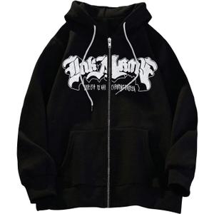 GORGLITTER Women's Y2k Zip Up Hoodie Y2k Anime Letter Graphic Long Sleeve Streetwear Hooded Sweatshirt, Small