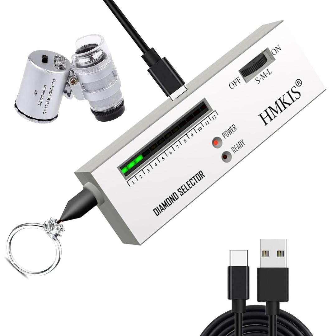 HMKIS Diamond Tester Pen, Professional Jewelry Diamond Tester with 60X Jewelry Loupe Magnifier, Diamond Selector for Novice and Expert (Non-Rechargeable) (White Grey)