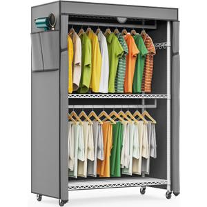 LEHOM G1C Heavy Duty Clothes Rack with Cover, Rolling Garment Rack for Hanging Clothes, Portable Closets with Oxford Fabric Cover, Freestanding Clothing Rack on Wheels (White+gray Cover, G1C)